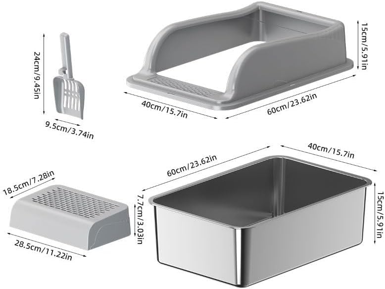 SLEEPHEAD® Stainless Steel Cat Litter Box，Metal Kitty Litter Box with High Wall Sides Enclosure for Big and Small Cats,with Footboard and Scoop Odor Control, Easy Clean,Non-Sticky, Anti-Leakage