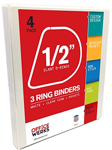 Officewerks 3 Ring Binders, 0.5 Inch Slant-D Rings, White, Clear View, Pockets - 4 Pack