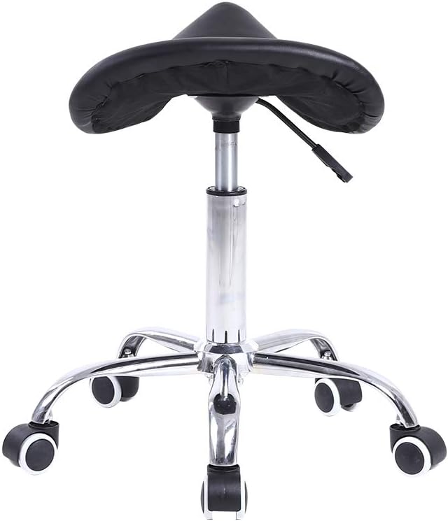 KKTONER Rolling Saddle Stool PU Leather Swivel Adjustable Rolling Stool With Wheels Salon Chair (Black), 48 x 18.9 x 45 cm - Image 5