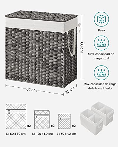 SONGMICS Cesto de la Ropa,130 L,Cesto de Lavandería,Tejido a Mano,con Compartimentos Separados,con Tapa y Asas,Ratán Sintético,Plegable,Bolsa de Forro Extraíble,Gris MLCB253G01.