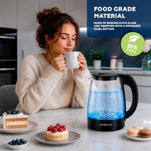 2L Electric Glass Tea Kettle, 1500W Fast Boil, Blue LED Light, 360° Cordless Base, Stainless Steel & Borosilicate, Large Capacity with Water Level Gauge