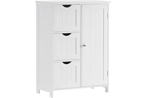 Reettic Bathroom Floor Cabinet, Wooden Freestanding Storage Cabinet, Side Storage Organizer with 1 Cupboard and 3 Drawers, Adjustable Shelf, 23.6" L x 11.8" W x 31.9" H, White BYSG101W