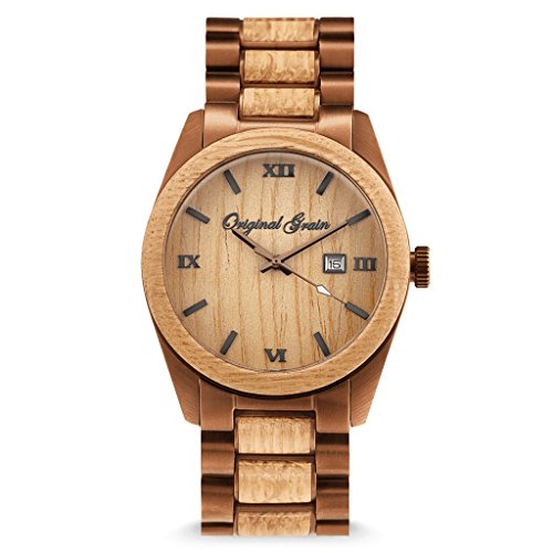 New Original Grain Wood Wrist Watch | Classic Collection 43MM Analog Watch | Wood and Espresso Stainless Steel Watch Band | Japanese Quartz Movement | Whiskey Barrel Wood