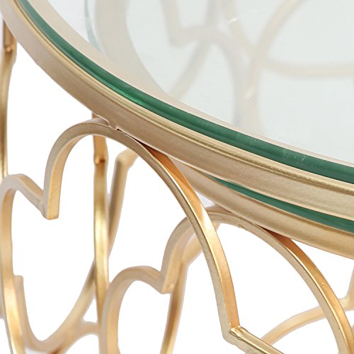 Joveco Gold End Table with Glass Top in Decorative Quatrefoil Metal