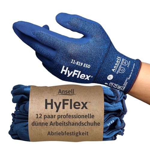 Ansell HyFlex 11-819 Dünne Arbeitshandschuhe, Rutschfeste Nitril-Beschichtung, Schutzhandschuhe vor Elektrostatischen Entladungen, Antistatisch, TouchScreen, Blau, Größe L (12 Paar)