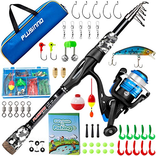 PLUSINNO Kids Fishing Pole, Portable Telescopic Fishing Rod and Reel Combo Kit with Spinning