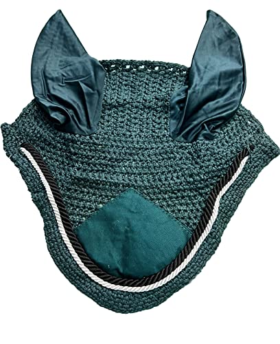 Spire Horse Soft Crochet Fly Veil Breathable Cotton Ear Net Hood Horse fly Control Masks Protector Bonnets (Full, Dark Green/Black-White)