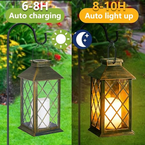 Joycome Outdoor Lanterns 2 Pieces Solar Garden Lantern with Flickering Candles, Solar Lamp Hanging Waterproof Table Lamps for Terrace Balcony Decorations – Copper