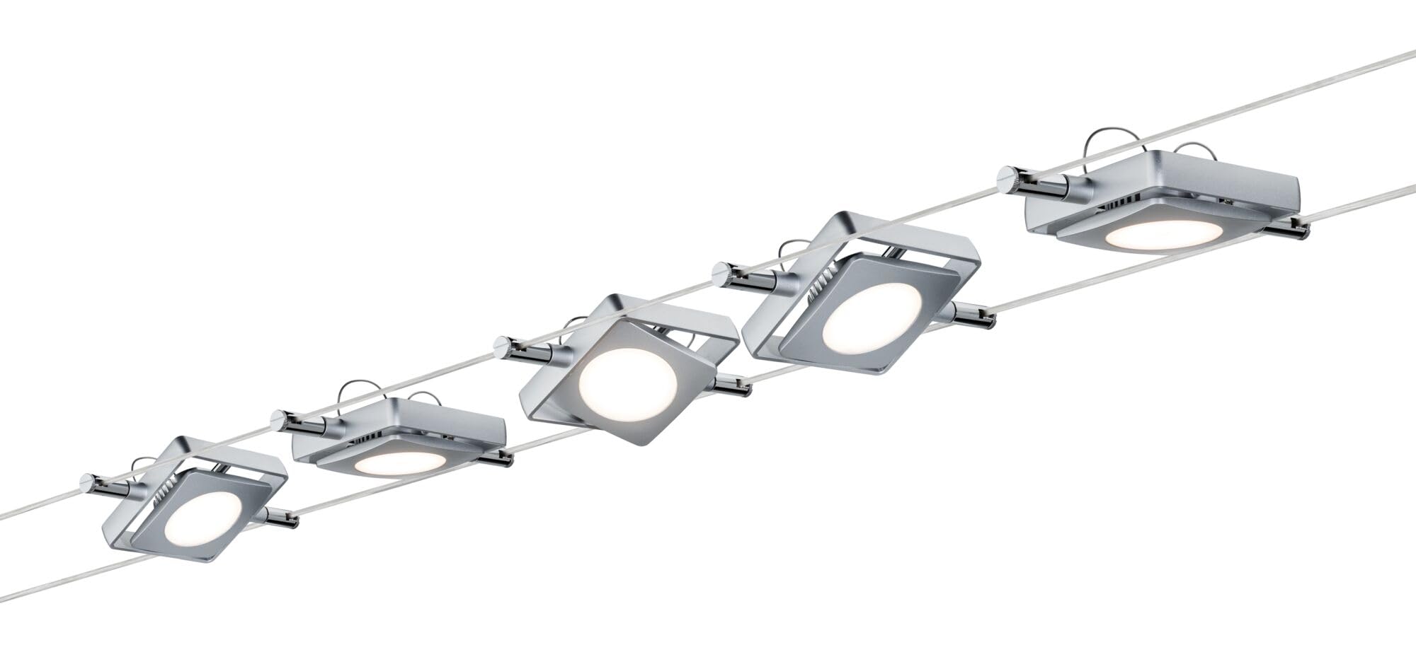 Paulmann 941.08 LED Wire System Spot Lights MacLED - Tension Wire Lighting Set w/ 5 Square Lights, 10m Cable Wire & Transformer - Hanging Ceiling Lights max 20W Matte Chrome, Silver