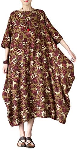 enjoysweety Women's Half Sleeve Loose Cotton Dress Linen Travel Dress Printing Long Dress (Purple Red Flower)