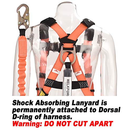 WELKFORDER 1D-Ring Industrial Fall Protection Safety Harness with 6-Foot Shock Absorber Stretchable Lanyard [Snap Hook End] | Permanent attached Kit | ANSI Complaint Personal Fall Arrest System(PFAS) - Thumbnail 4