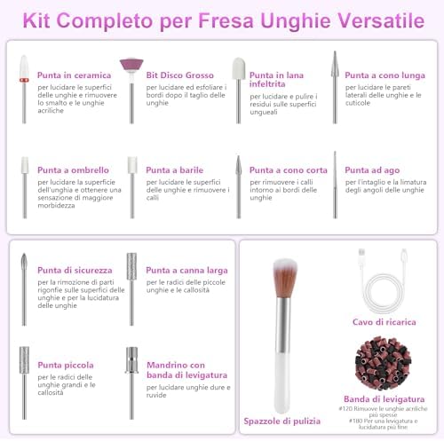 Fresa per Unghie Professionale – 12 in 1 Trapano Unghie Elettrico 35000 RPM con Display LCD, 5 Velocità Regolabili. Fresa per unghiein Gel e Acrilico, Manicure e Pedicure