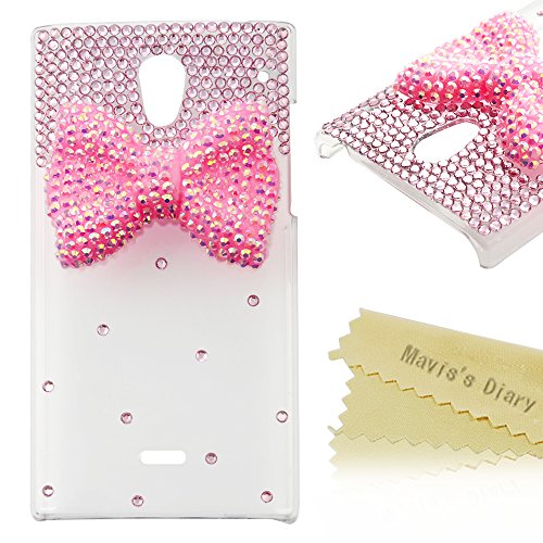 Sharp Aquos Crystal 306SH Case (5 Inch),Mavis's Diary 3D Handmade Bling Crystal Lovely Cute Light Pink Bow with Shiny Diamond Rhinestone Hard Clear Case for Sharp Aquos Crystal 306SH 305SH (5.0