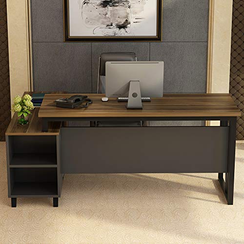Tribesigns Large L-Shaped Desk, Executive Office Desk Computer Table Workstation with Storage, Business Furniture with File Cabinet, Dark Walnut + Stainless Steel Legs