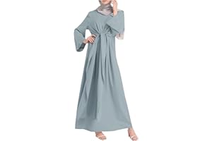 SGASY Womens Muslim Dress 2024 Long Sleeve Crew Neck Spring Summer Dresses Casual Slim Eid Party Dress with Pockets