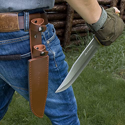 Flissa 14-inch Bowie Hunting Knife, Full-tang Fixed Blade Wood Handle Knife with Leather Sheath for Outdoor Survival, Camping, Hiking