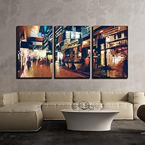 3 Piece Canvas Wall Art - Illustration - Colorful Painting of Night Street.Illustration - Modern Home Art Stretched and Framed Ready to Hang - 16"x24"x3 Panels