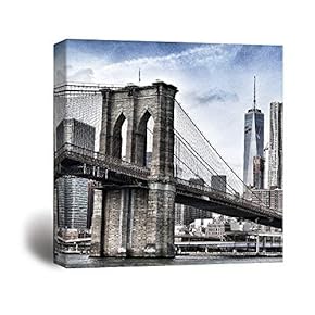 Square Canvas Wall Art - Retro Style Brooklyn Bridge in New York - Giclee Print Gallery Wrap Modern Home Art Ready to Hang - 12x12 inches