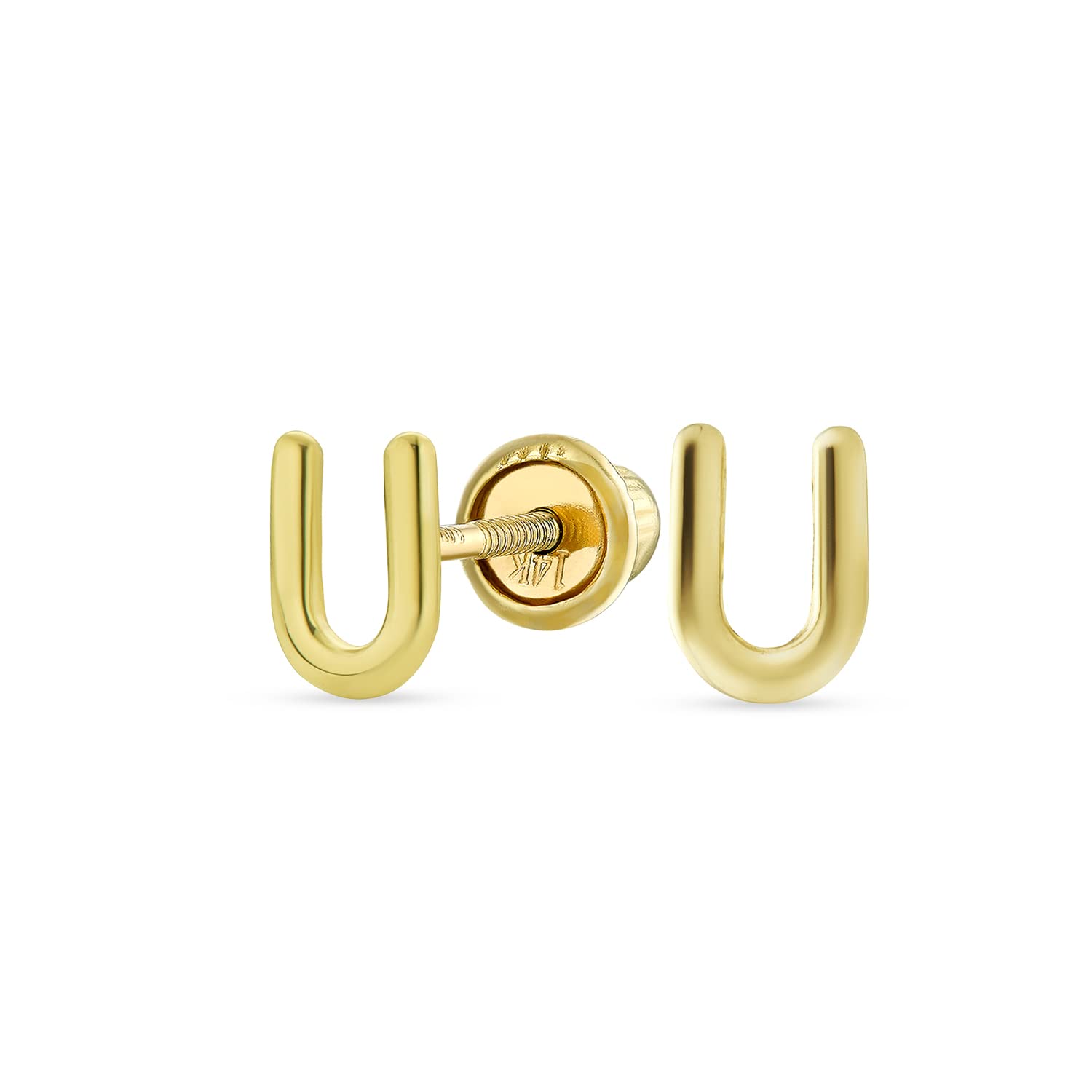 ABC Minimalist Real Yellow 14K Gold Capital Block Alphabet Letter Initial U Stud Earrings Safety Ball Screw Back For Teen For Women