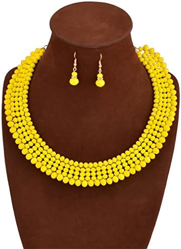 GBLXF Chain Crystal Beads Multi layer Nigerian Wedding African Beads Necklace and Earring Set (Yellow)