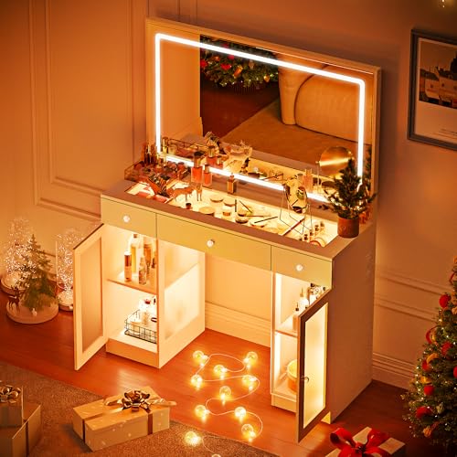 Pamapic Makeup Vanity Desk with Mirror and Lights, LED Light Strip Vanity with Glass Top, Crystal Knobs and Translucent Cabinet Doors, 3 Lighting Modes White Vanity with 3 Drawers