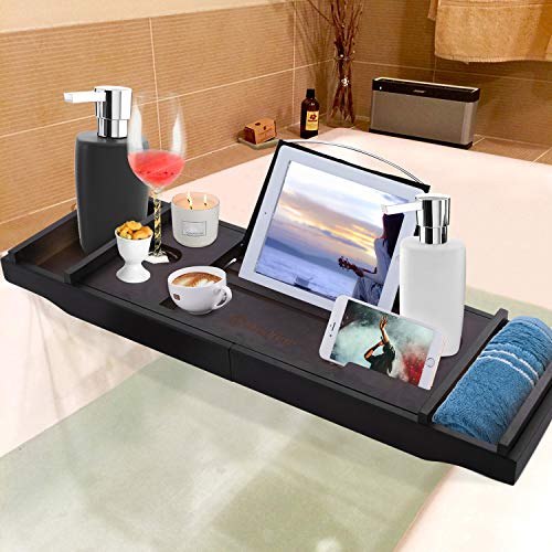 Modrine Expandable Bamboo Bathtub Caddy - Adjustable Wooden Serving Tray and Organizer for Any Size Bathtub - Phone and Tablet Compartments -Wine holder bathtub tray Brown - Thumbnail 5