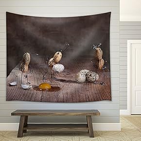Peanut Easter Bunnies Preparing Eggs with Some Small Mishaps - Fabric Wall Tapestry Home Decor - 51x60 inches