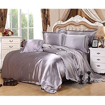 Luxury 4-Piece Satin/Sateen Silky Bed Sheet Set Bedding Collection,Summer Duvet Cover Sets Flat Sheet Set-Silver Grey,Queen