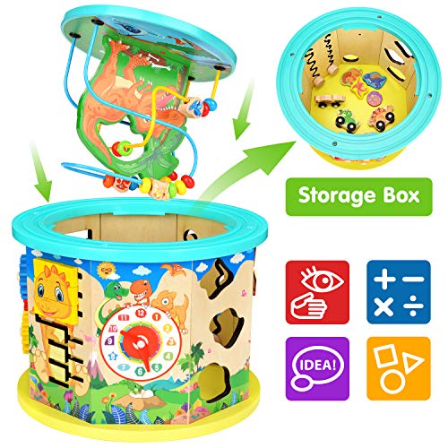 Victostar Activity Cube, 11 in 1 Dinosaur Bead Maze Multipurpose Educational Toy Wood Shape Color Sorter for Kids