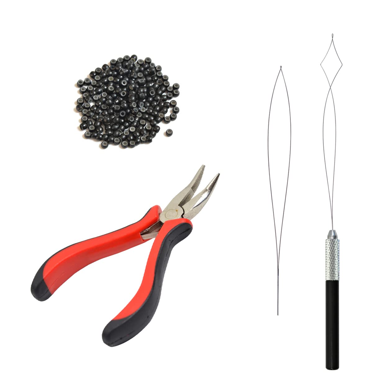 Hair Extensions Pliers Kit with I-tip Hair Pliers Pulling Needle Loop Threader and 200 Pcs 3.0mm Silicone Lined Nano Rings Micro Links Beads (Black)
