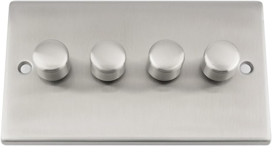Light Dimmer Switch 4 Gang 2 Way 10 Amp - 400W - Satin Chrome - Square, metallic silver