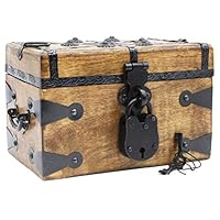 Well Pack Box Wooden Pirate Treasure Chest 8" x 6" x 5" Medium Authentic Includes Antique Strong Iron Lock With 2 Skeleton Keys Great For Parties, Halloween, Holidays and Birthdays