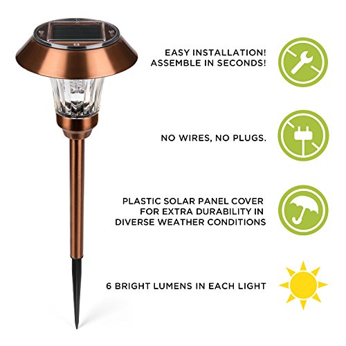 Copper Metal Solar Path Lights, Set of 4 Pathway Landscape Lighting, Warm White LEDs, Rechargeable, Waterproof