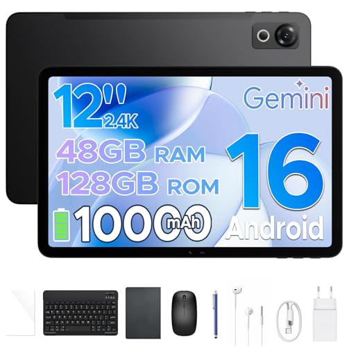 P12 Tablet 12 Pulgadas 2.4K 120Hz Display, Tablets Android 16 con Gemini AI, 10000mAh, 48GB+128GB/2TB, Unisoc T7280 Octa-Core, 13MP+8MP, Face ID, Widevine L1, Auriculares 3.5 mm, teclado, lapiz, Negro