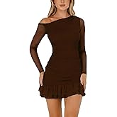 OOQONQ Women's Fall Off The Shoulder Long Sleeve Bodycon Ruched Mini Dress Mesh Ruffle Hem Cocktail Club Party Dresses