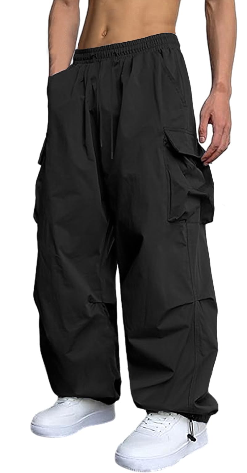 Photo 1 of GUDEUBAI Men's Casual Cargo Pants Elastic Waist Drawstring Street Hip Hop Trousers with Pockets (32, Black)