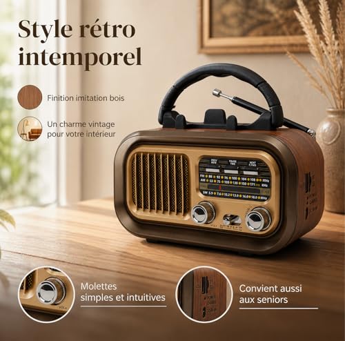 Portable Bluetooth AM/FM/SW Radio 1200mAh Rechargeable Vintage Radio with USB/TF Card/TWS, D Battery Operated Radio for Home, Garden, Camping and Elderly