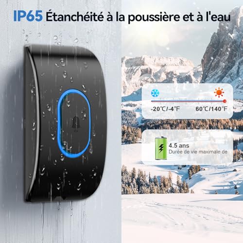 TECKNET Waterproof Outdoor Wireless Doorbell with 2 Receivers, 400 m Range, IP65 Waterproof Chime, 60 Melodies and 5 Levels Volume, Blue LED Indicator, for Home, Hotel – Black
