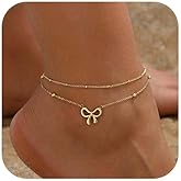 NONAMOIS 18K Gold Plated Diamond Ankle Bracelets for Women Waterproof Gold CZ Pearl Bow Link Chain Anklets Non Tarnish Summer Beach Foot Jewelry Gifts