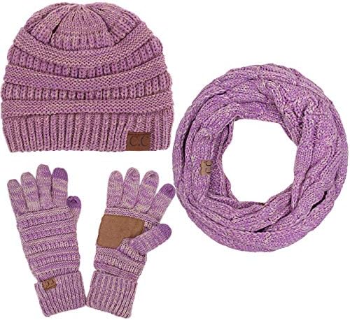 ScarvesMe CC 3pc Two Tone Trendy Warm Chunky Soft Stretch Cable Knit Beanie, Scarves and Gloves Set
