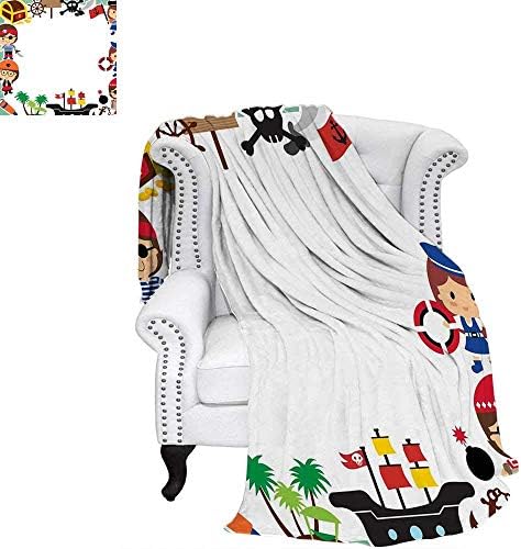 YOLIKA Kids Party Blanket Pirate Explorer Children in Cartoon Style Treasure Chest Ship Tropical Island Digital Printing Blanket 80"x60" Multicolor