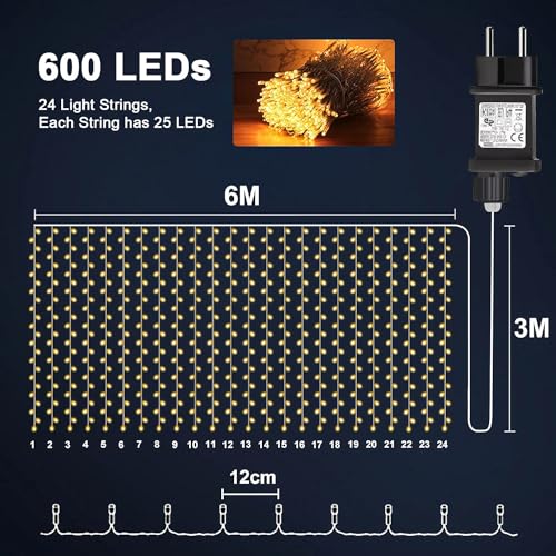 Cozymeow 600 LED 6 x 3 m Outdoor Waterfall Lights with Timer, 8 Waterproof Modes, Connectable Lights for Garden, Wedding, Gazebo, Parties, Balcony – Warm White