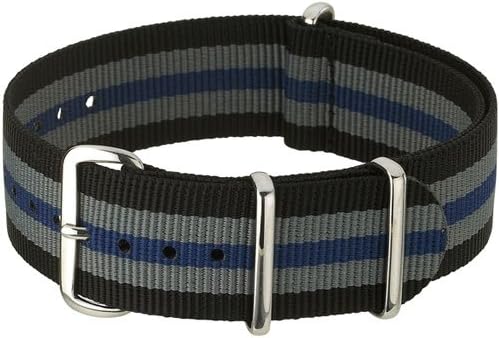 NATO-Style Grey, Black and Blue Striped Nylon Strap with Stainless Steel Buckles NATO-7-SS-0001 (20mm)