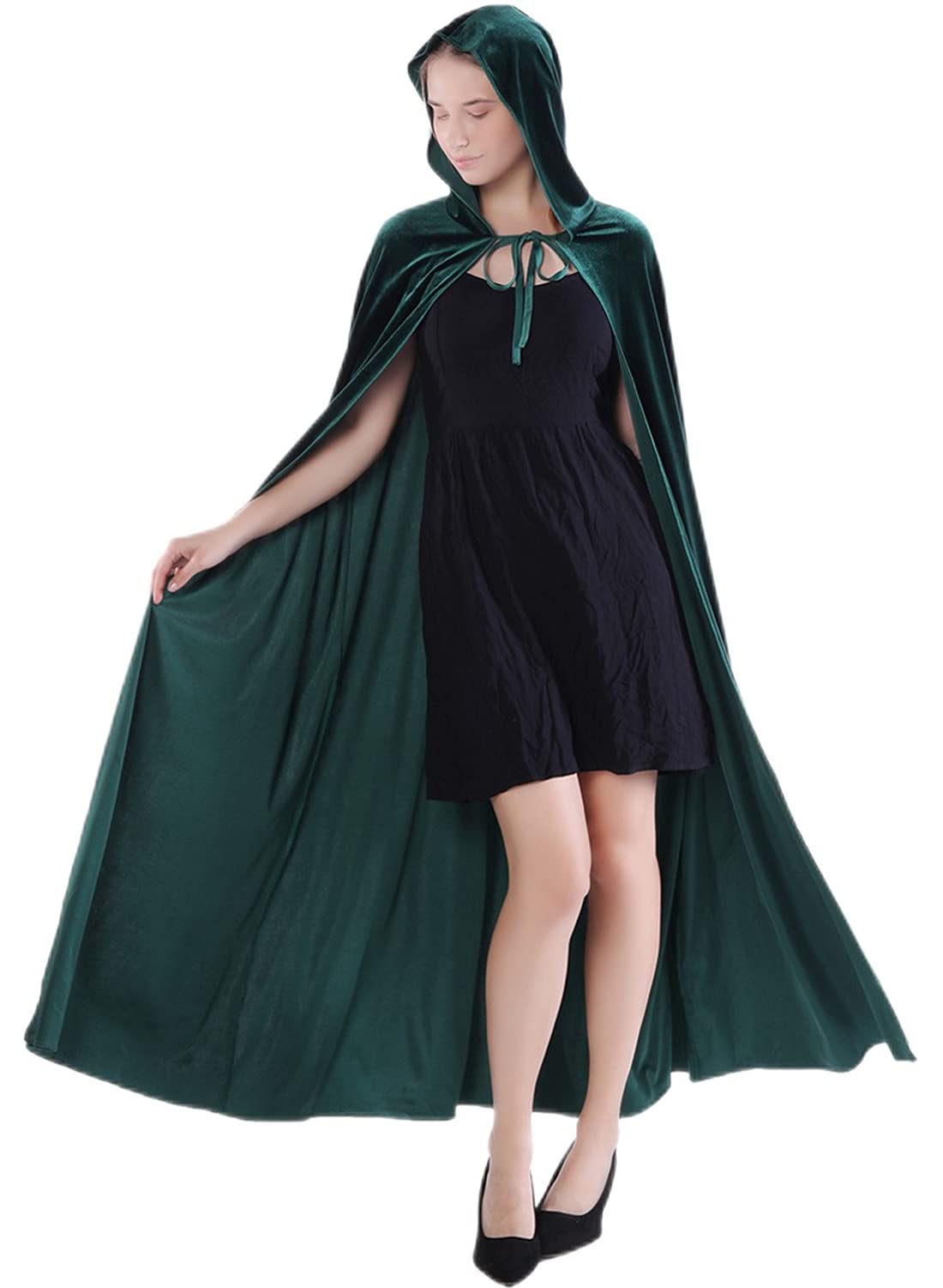 Awlsyj Womens Hooded Cloak Long Velvet Cape Halloween Costumes Robe Masquerade Party Role Cosplay (Dark Green) — image 1