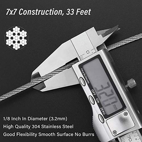 Favordrory Cable Railing Kits Includes 1/8 Inch x 33 Feet 304 Stainless Steel Wire Rope Cable, 50 Pieces Aluminum Crimping Sleeves and 12 Pieces Thimbles for Railing, Decking, Picture Hanging