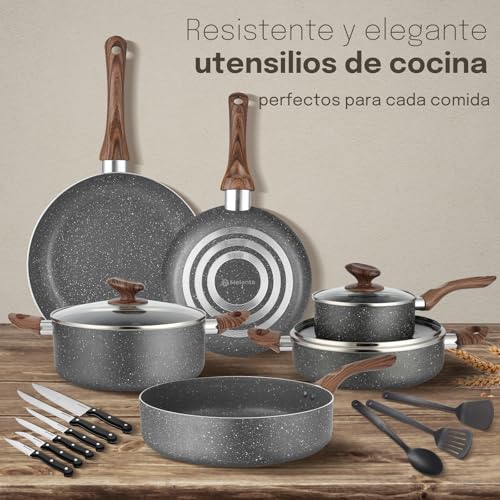 M MELENTA juego de ollas y sartenes antiadherentes, juego de ollas de granito, bateria de cocina antiadherente 18 piezas, ollas de cocina de aluminio, color gris