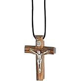 Bethlehem Made Wooden Cross (Olive Wood) Budded Cross Pendant on Black Cord Necklace in Nat - 24" Adjustable Wood Cross Necklace for Men & Women