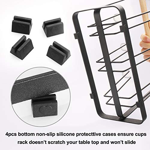 Cup Drying Rack Stand, 6 Cup Metal Drainer Holder Rack Non-Slip Mugs Cups Organizer with Wood Handle, Black - Thumbnail 2