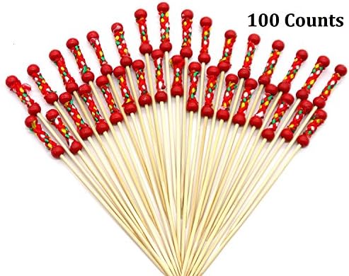 Comicfs Cocktail Picks 4.7" Handmade Bamboo Picks Toothpicks Sandwich Appetizer Cocktail Sticks Party Supplies 100 Counts, Red Rope Beads-10