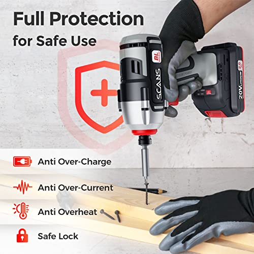 Cordless Impact Driver Set, SCANS 20V Brushless Impact Driver kit, 1550In.lb Max Torque, 2500RPM, 1/4
